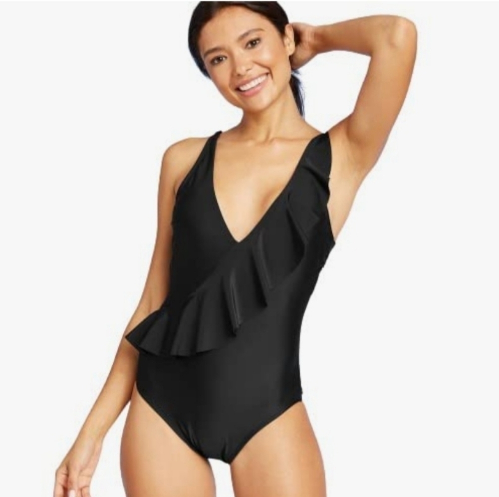 Kona Sol Asymmetrical Ruffle High Coverage One Piece Swimsuit